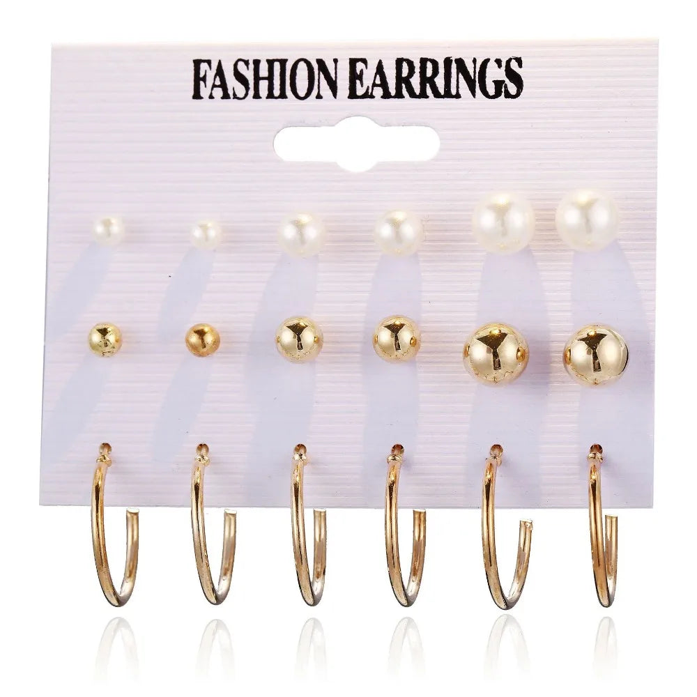 9 pairs/set black earrings Ball Simulated Pearl Stud Earrings Set Women Flower Piercing Card Stud Earring kit Bijouteria Jewelry