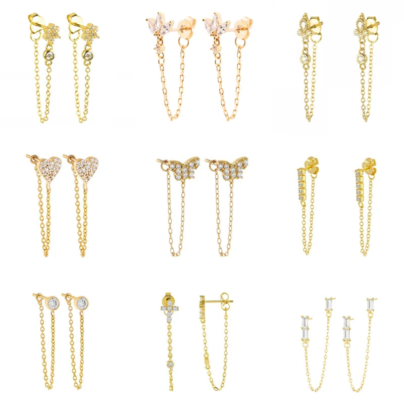 CRMYA Gold Silver Color Chain Stud Earrings For Women Flower Cross CZ Zircon Long Piercing Earring Ear Rings Jewelry Wholesale