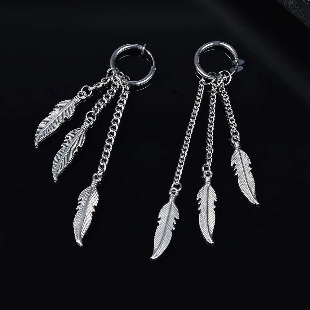 Men Punk Stainless Steel Stud Earring Earrings Feather Tassel Long Chain Pendant Unisex Trend Rock Hipster Ear Clip Woman Gift