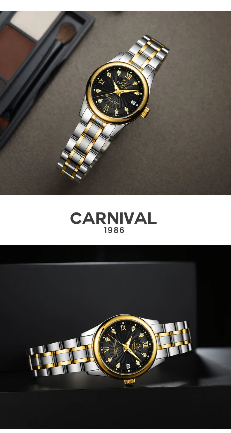 CARNIVAL Brand Luxury Mechanical Watch for Women Ladies Fashion Sapphire Automatic Movement Wristwatches Waterproof Reloj Mujer