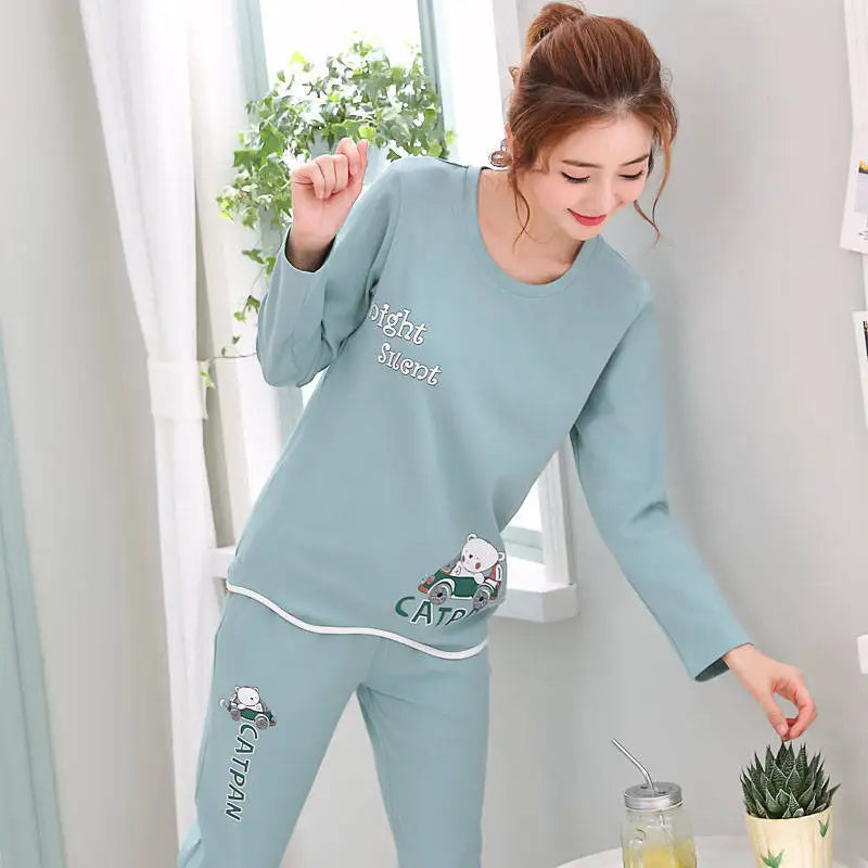 Autumn Thin 2pieces Pyjamas Set Women 2024 Cotton Round Neck Girls Bear Pajamas Sets Teacup Cat Full Sleepwear Tops Pajama Mujer