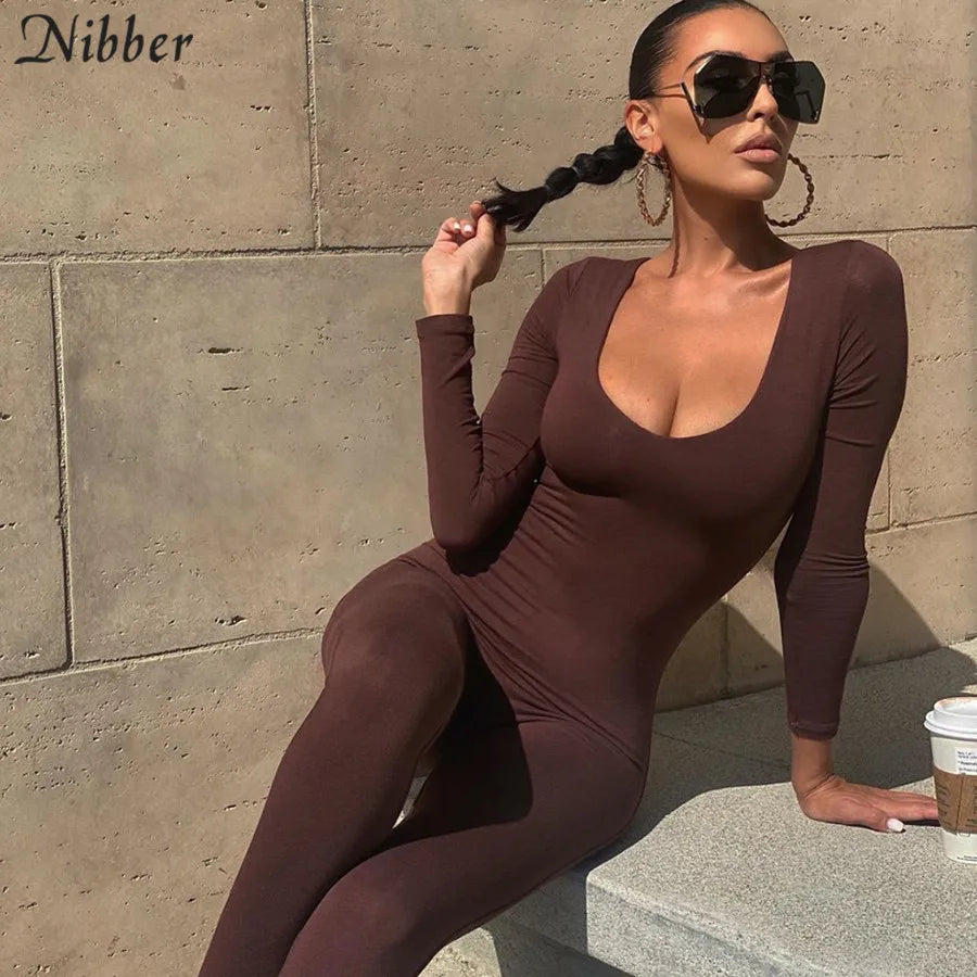 Nibber Basic Bodycon Jumpsuit For Women‘s Clothing Casual Brown Fitness Rompers 2023 Y2K Playsuit Activity Streetwear Overalls