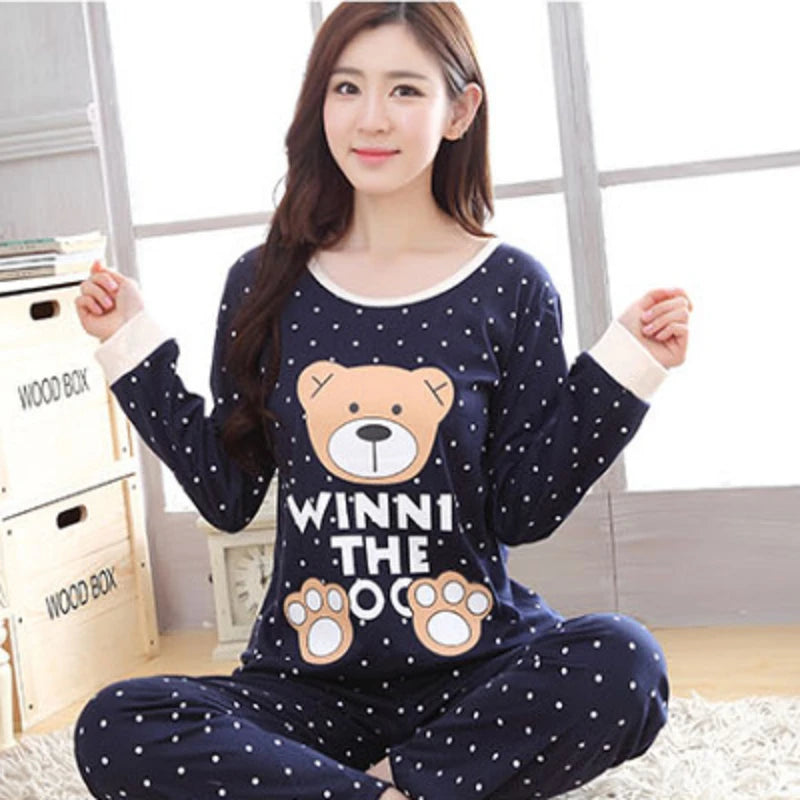 Autumn Thin 2pieces Pyjamas Set Women 2024 Cotton Round Neck Girls Bear Pajamas Sets Teacup Cat Full Sleepwear Tops Pajama Mujer