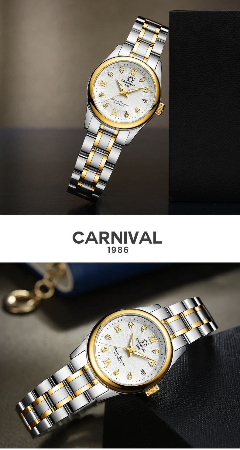 CARNIVAL Brand Luxury Mechanical Watch for Women Ladies Fashion Sapphire Automatic Movement Wristwatches Waterproof Reloj Mujer