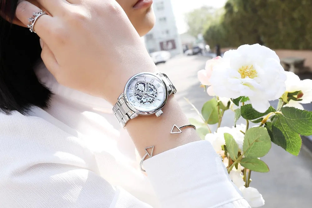 New Fashion Luxury Brand Skeleton Women Mechanical Watches Female Clock Automatic Self-Wind Wristwatches for Ladies Montre Femme