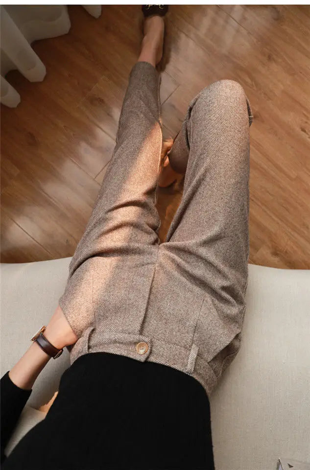 Woolen Pants Women's Harem Pencil Pants 2024 Autumn Winter High Waisted Casual Suit Pants Office Lady Women Trousers