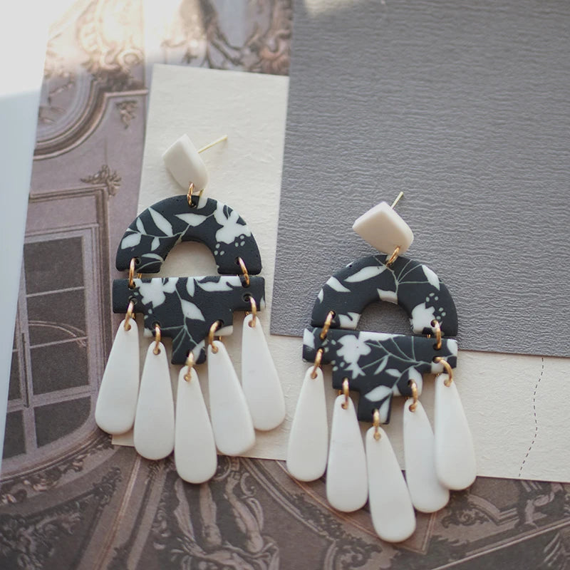 Black White Classic Floral Animal Pattern Elegant Big Multi Size Drop Long Dangle Unique Chandelier Polymer Clay Earrings Sets