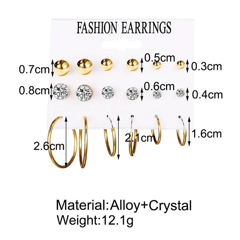 9 pairs/set black earrings Ball Simulated Pearl Stud Earrings Set Women Flower Piercing Card Stud Earring kit Bijouteria Jewelry