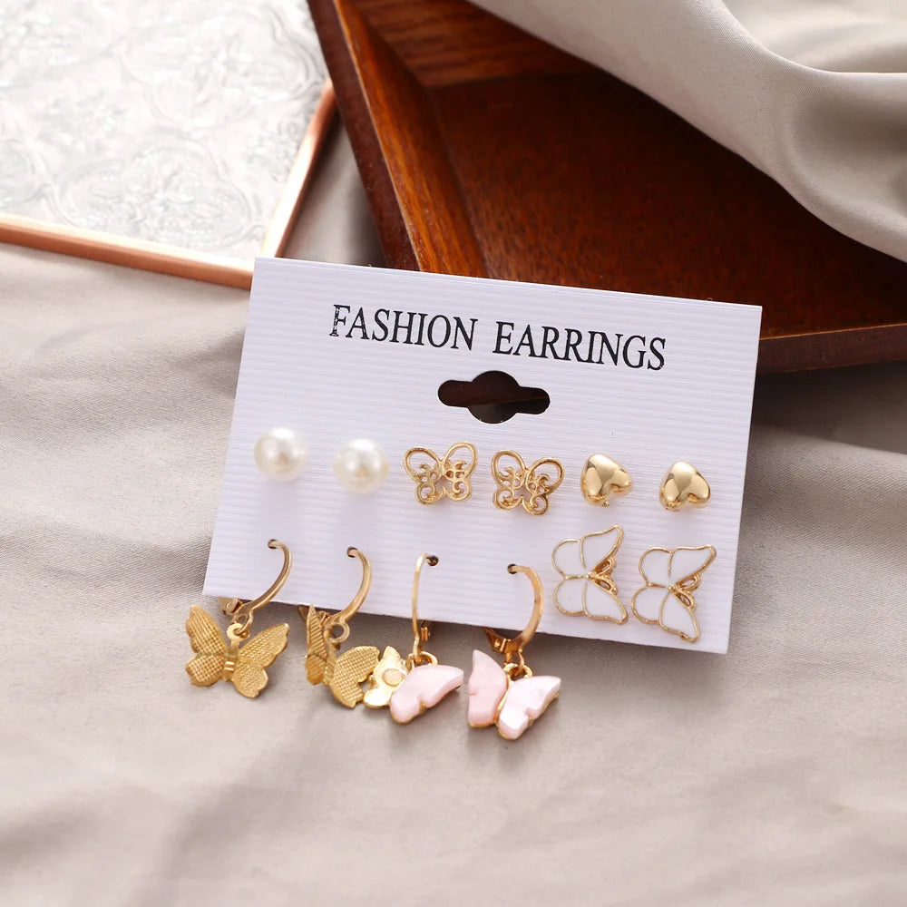 LATS Trendy Gold Color Butterfly Hoop Earrings Set for Women Snake Pearl Resin Hoop Earrings Cute Brincos Party Fashion Jewelry