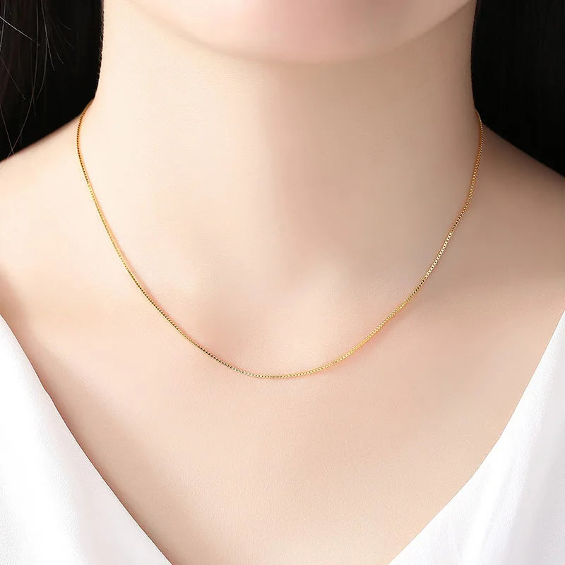 HOYON Pure 14k Gold Color Necklace Women's Neck Collar Real Gold Box/ O Cross/ Snake Bone/Water Wave/Clavicle Chain Jewelry