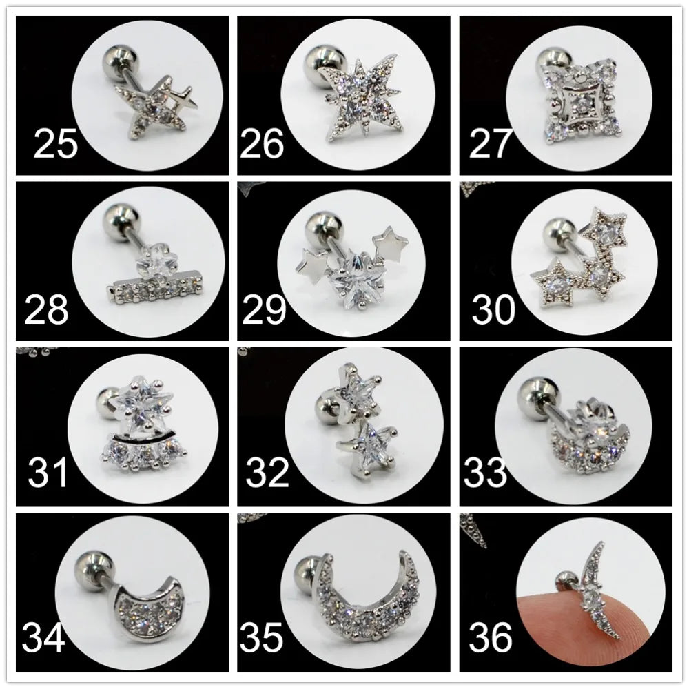 1PC steel Zircon Ear Tragus Cartilage Stud Helix Rook Conch Screw Back Earring 20g Stainless Steel Ear Body Piercing Jewelry