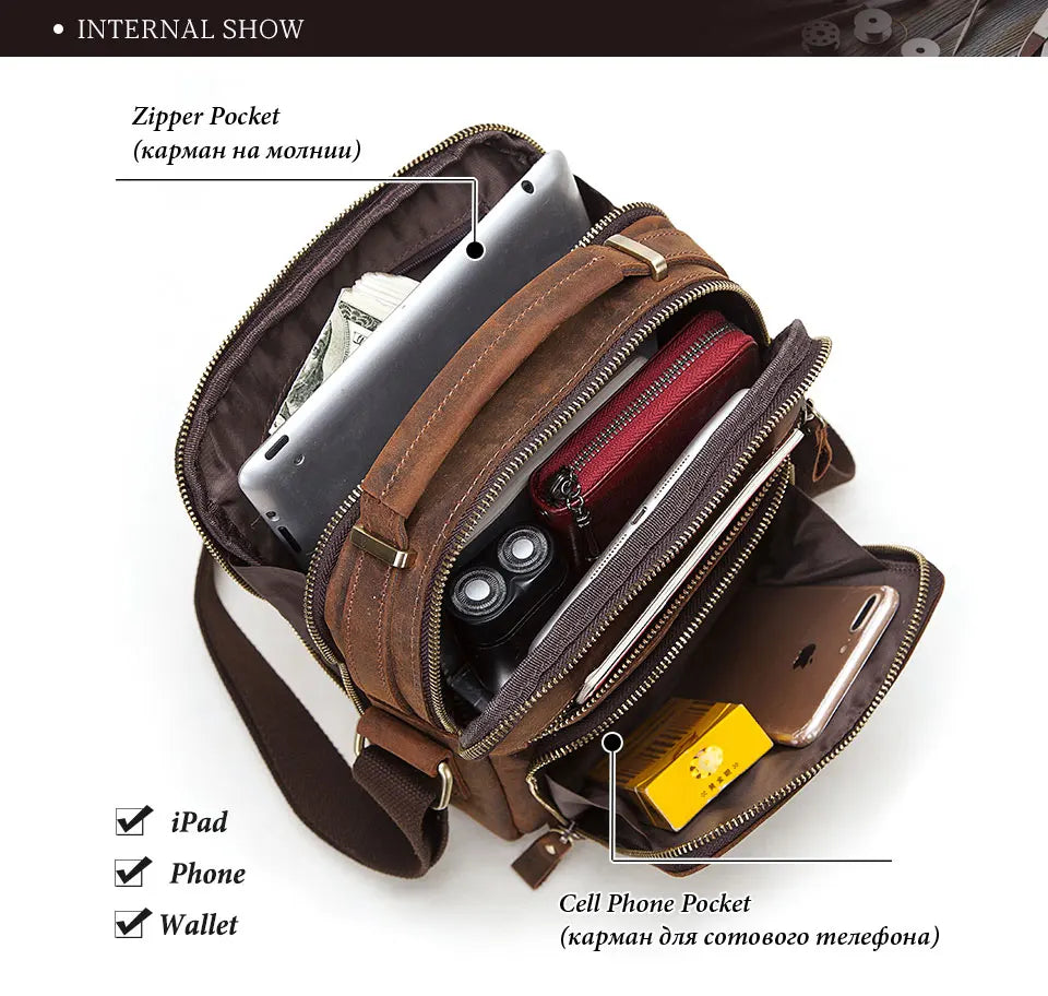 HUMERPAUL Genuine Leather Men's Shoulder Bag Vintage Cross Bags Large Capacity Male Messenger Tote Bag Travel Bolso Hombres