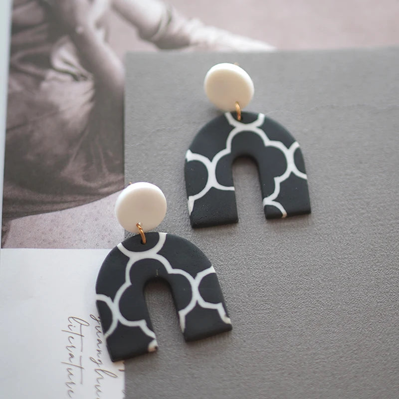 Black White Classic Floral Animal Pattern Elegant Big Multi Size Drop Long Dangle Unique Chandelier Polymer Clay Earrings Sets