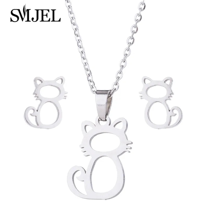 Lovely Gold Color Kitten Cat Stainless Steel Jewelry Set Necklaces Girl Collares Fashion Hollow Cat Earring Necklace Paw Jewelry