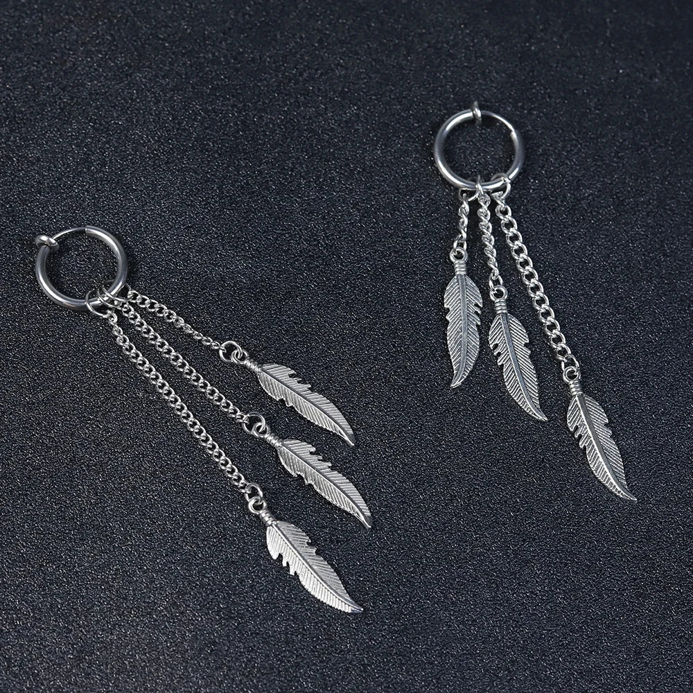 Men Punk Stainless Steel Stud Earring Earrings Feather Tassel Long Chain Pendant Unisex Trend Rock Hipster Ear Clip Woman Gift