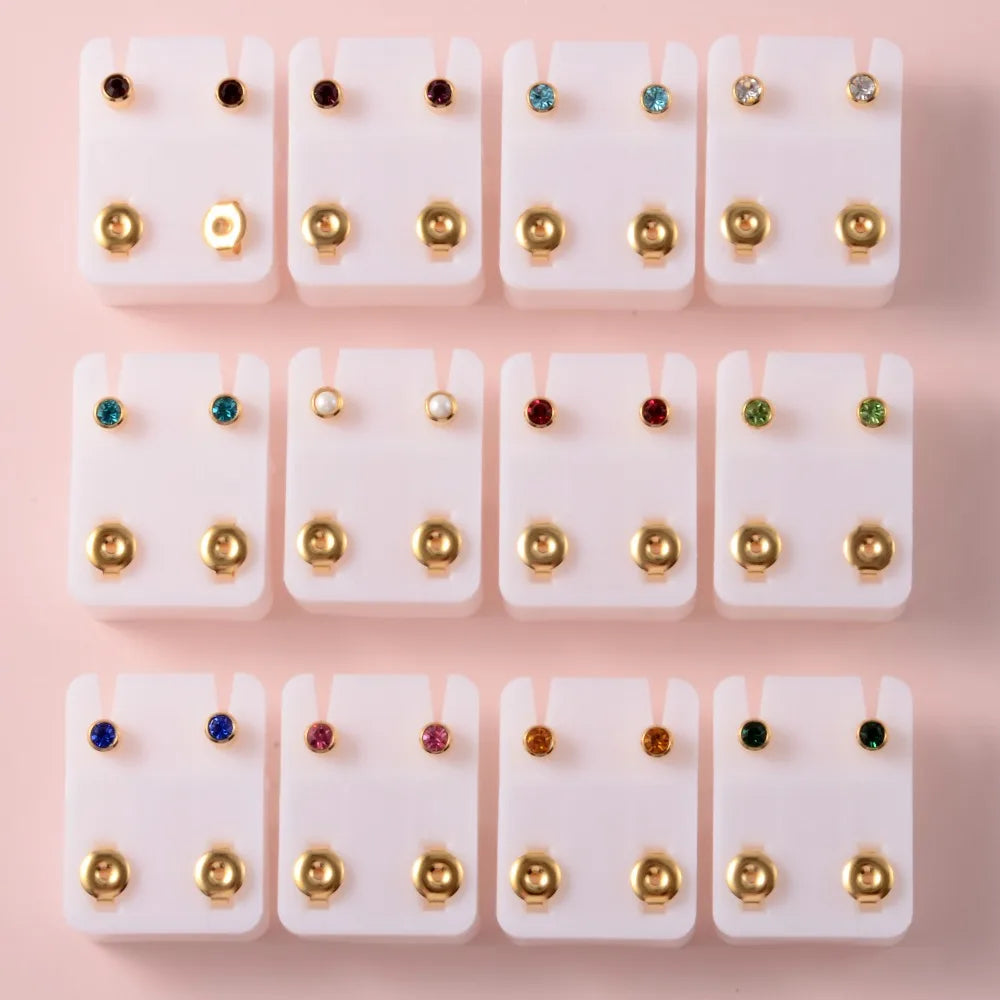 Pair 24K Gold Plating&steel Birthstone Zircon Ear Studs CZ Gem Earrings For Piercing Gun Ear Tragus Cartilage piercing jewelry