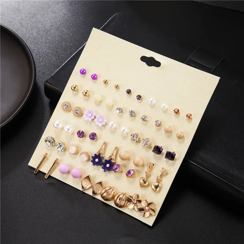 30Pairs/Sets Women Mixed Crystal Small Stud Earrings Sets Girl Heart Tower Flowers Arrow Pearl Beads Earring Sets Women Jewelry