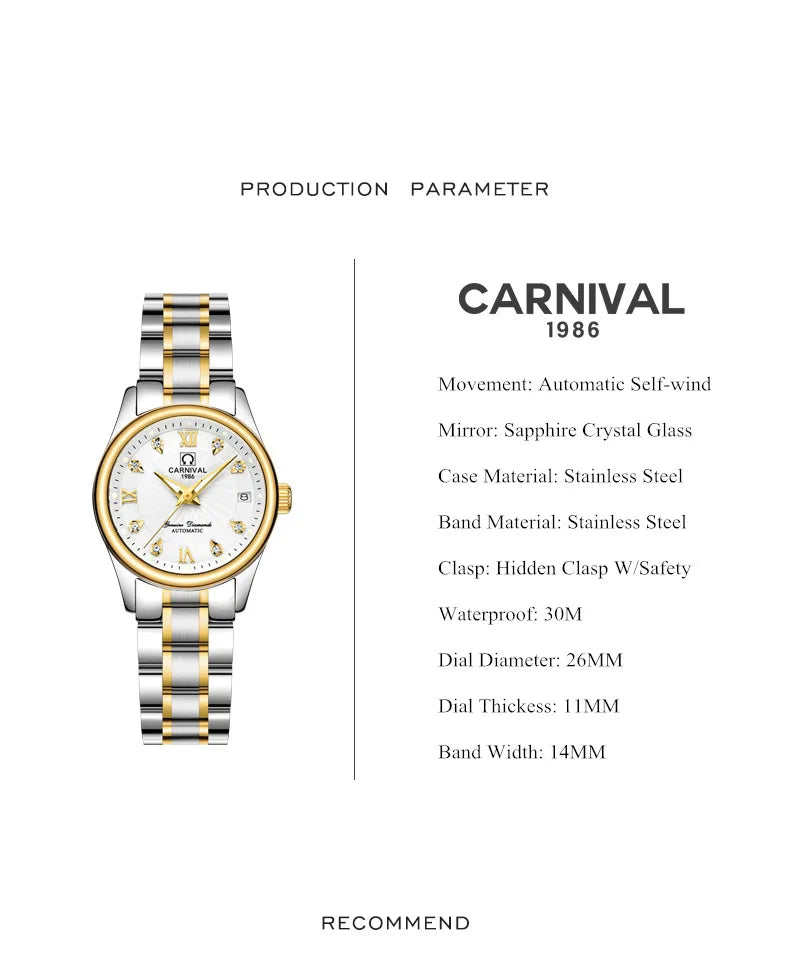 CARNIVAL Brand Luxury Mechanical Watch for Women Ladies Fashion Sapphire Automatic Movement Wristwatches Waterproof Reloj Mujer