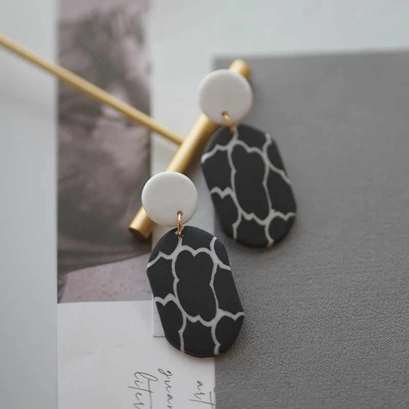 Black White Classic Floral Animal Pattern Elegant Big Multi Size Drop Long Dangle Unique Chandelier Polymer Clay Earrings Sets