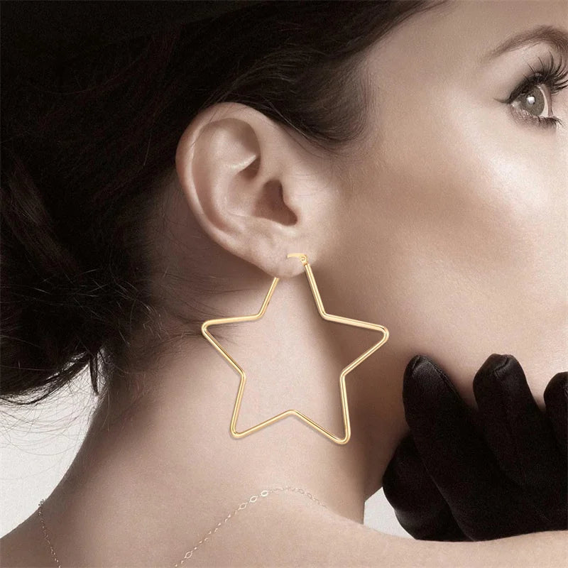 20mm 50mm 60mm 70mm Geometry Star Earrings For Women Stainless Steel Hoops Ear Nipple Piercing Ring Golden Steel Fashion Jewelry