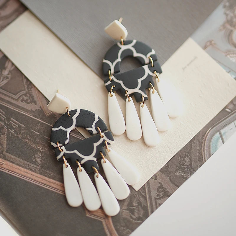 Black White Classic Floral Animal Pattern Elegant Big Multi Size Drop Long Dangle Unique Chandelier Polymer Clay Earrings Sets