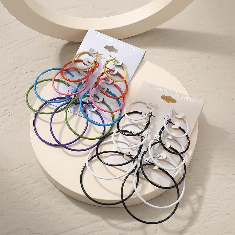 6 Pairs Colorful Hoop Earrings Set Big Circle Earring Fashion Jewelry Earring for Women Girls Steampunk Ear Clip Korean Earrings