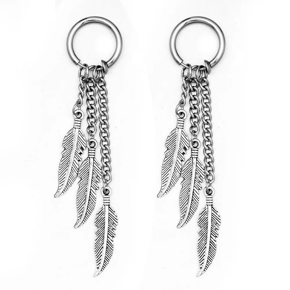 Men Punk Stainless Steel Stud Earring Earrings Feather Tassel Long Chain Pendant Unisex Trend Rock Hipster Ear Clip Woman Gift