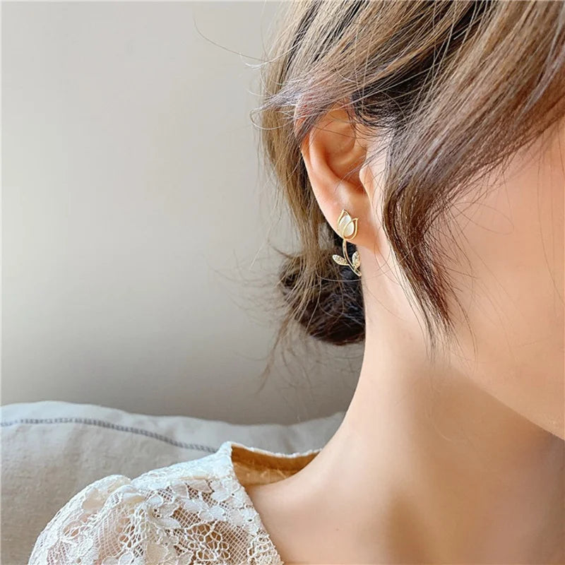 Fashion Elegant Cute Opal Rose Flower Stud Earrings For Women Students Delicate Micro Pave Zircon Necklace Jewelry Set Oorbellen