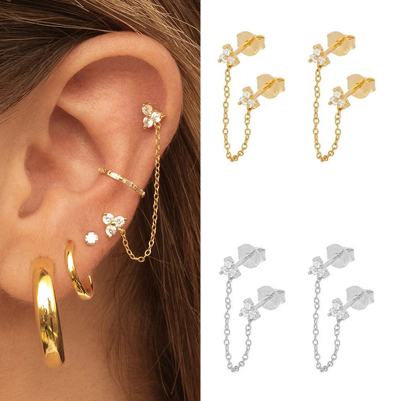 CRMYA Gold Silver Color Chain Stud Earrings For Women Flower Cross CZ Zircon Long Piercing Earring Ear Rings Jewelry Wholesale