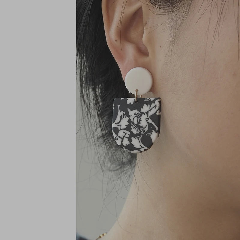 Black White Classic Floral Animal Pattern Elegant Big Multi Size Drop Long Dangle Unique Chandelier Polymer Clay Earrings Sets