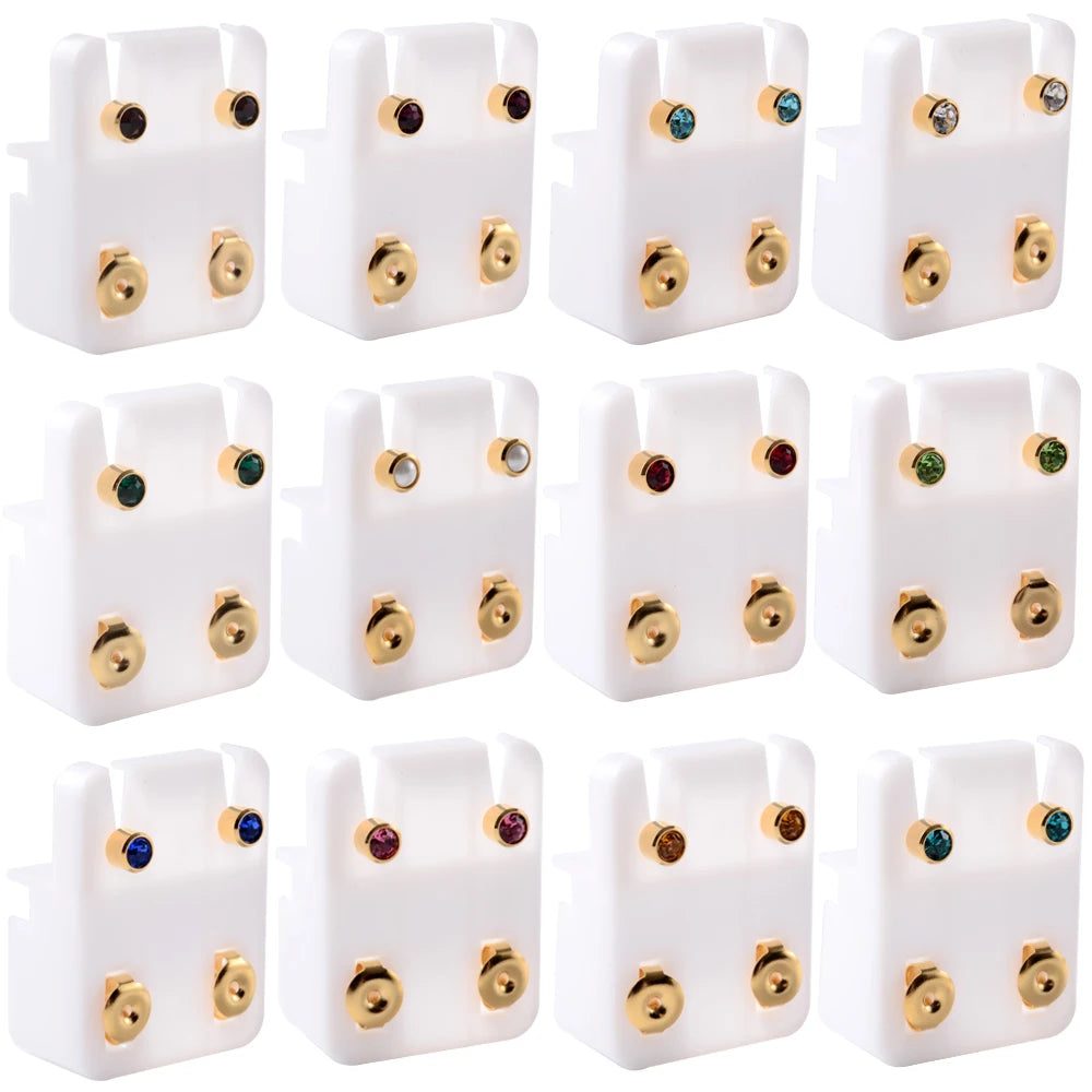 Pair 24K Gold Plating&steel Birthstone Zircon Ear Studs CZ Gem Earrings For Piercing Gun Ear Tragus Cartilage piercing jewelry