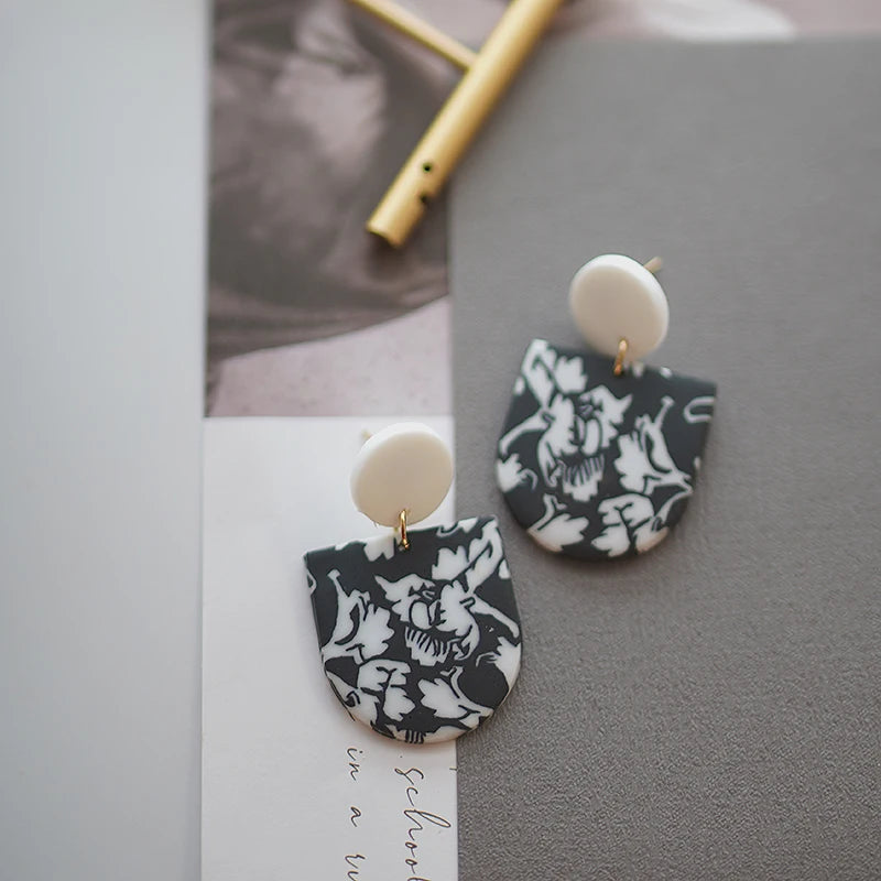 Black White Classic Floral Animal Pattern Elegant Big Multi Size Drop Long Dangle Unique Chandelier Polymer Clay Earrings Sets