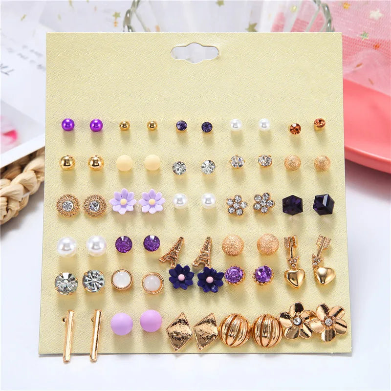 30Pairs/Sets Women Mixed Crystal Small Stud Earrings Sets Girl Heart Tower Flowers Arrow Pearl Beads Earring Sets Women Jewelry