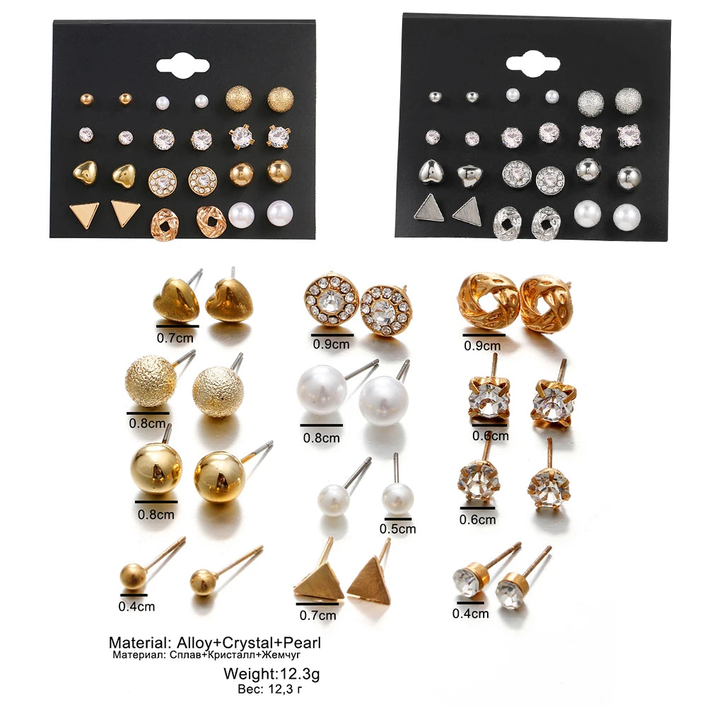 12 Pairs/Set Women's Earrings Pearl Earrings For Women Bohemian Fashion Jewelry 2021 Geometric Crystal Heart Stud Earrings New