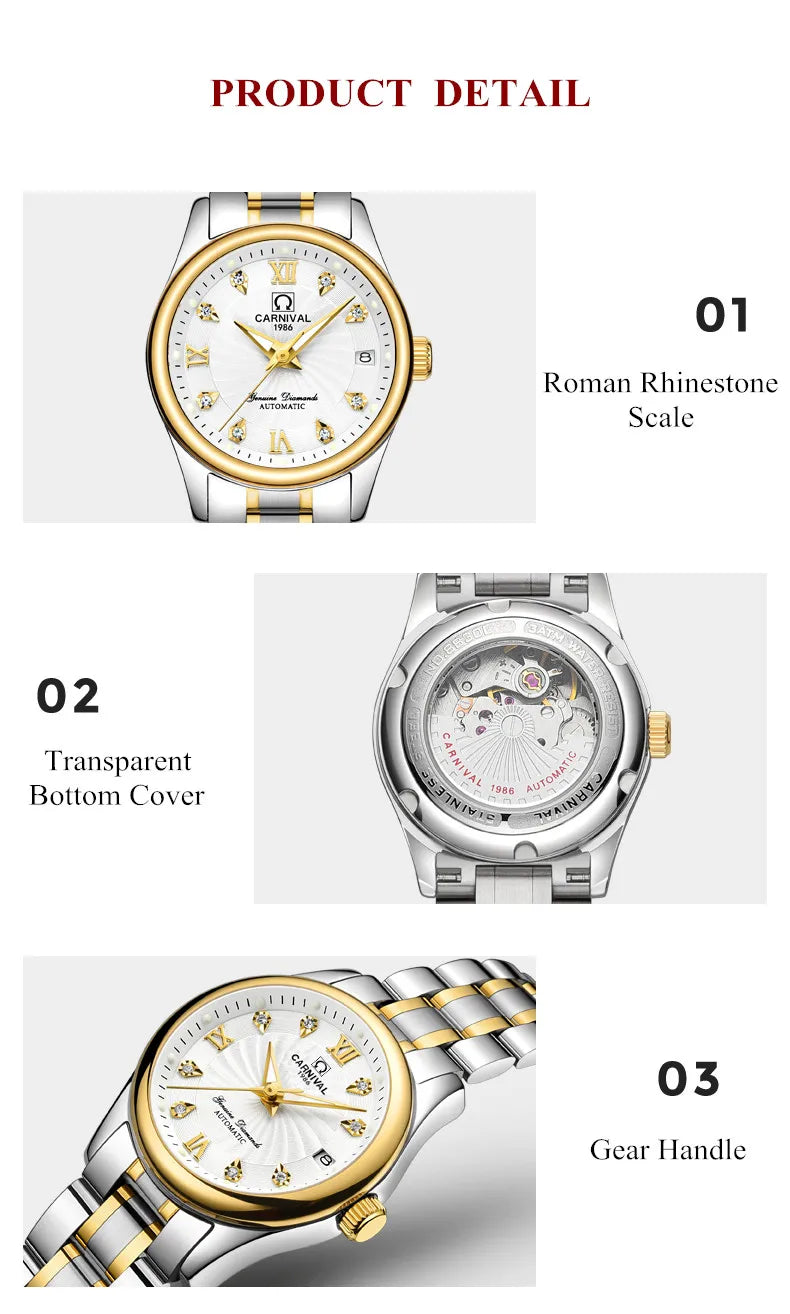 CARNIVAL Brand Luxury Mechanical Watch for Women Ladies Fashion Sapphire Automatic Movement Wristwatches Waterproof Reloj Mujer