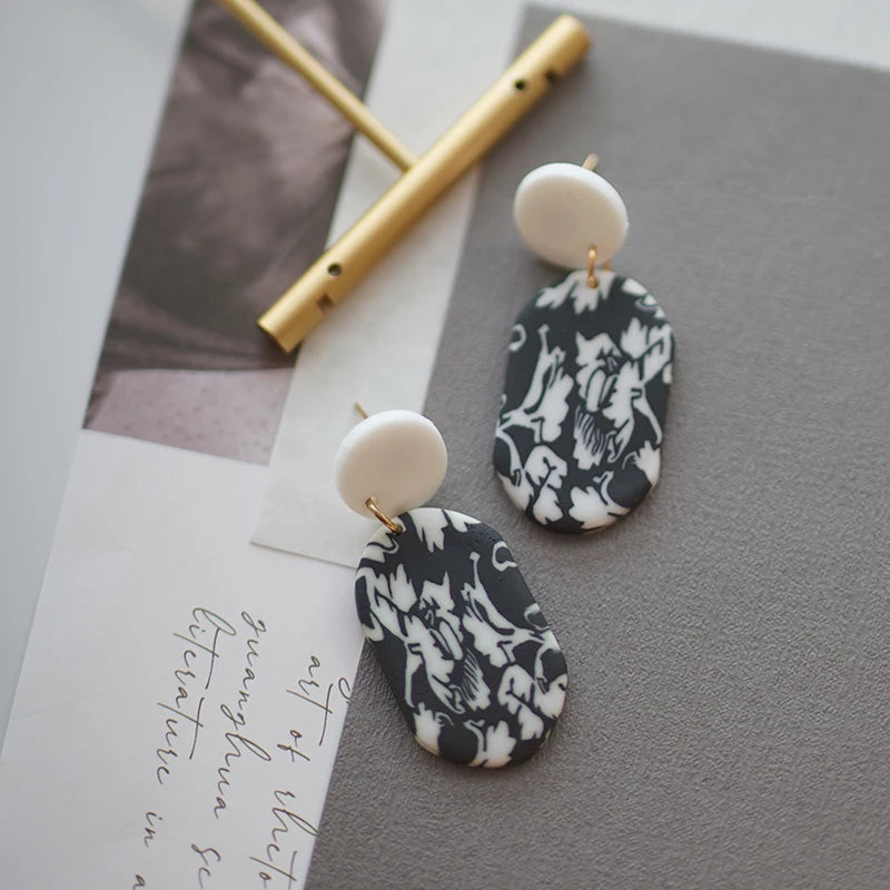 Black White Classic Floral Animal Pattern Elegant Big Multi Size Drop Long Dangle Unique Chandelier Polymer Clay Earrings Sets