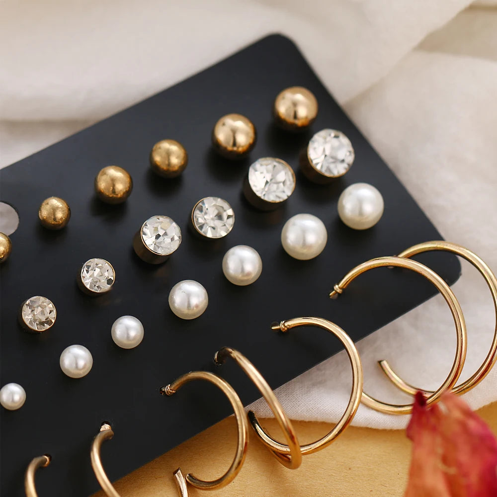 12 Pairs/Set Women's Earrings Pearl Earrings For Women Bohemian Fashion Jewelry 2021 Geometric Crystal Heart Stud Earrings New