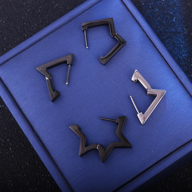 Fashion Gothic Triangle Square Unisex Punk Rock Stainless Steel Men Women Ear Stud Earrings Pierced Push-Back Ear Plug Buckle