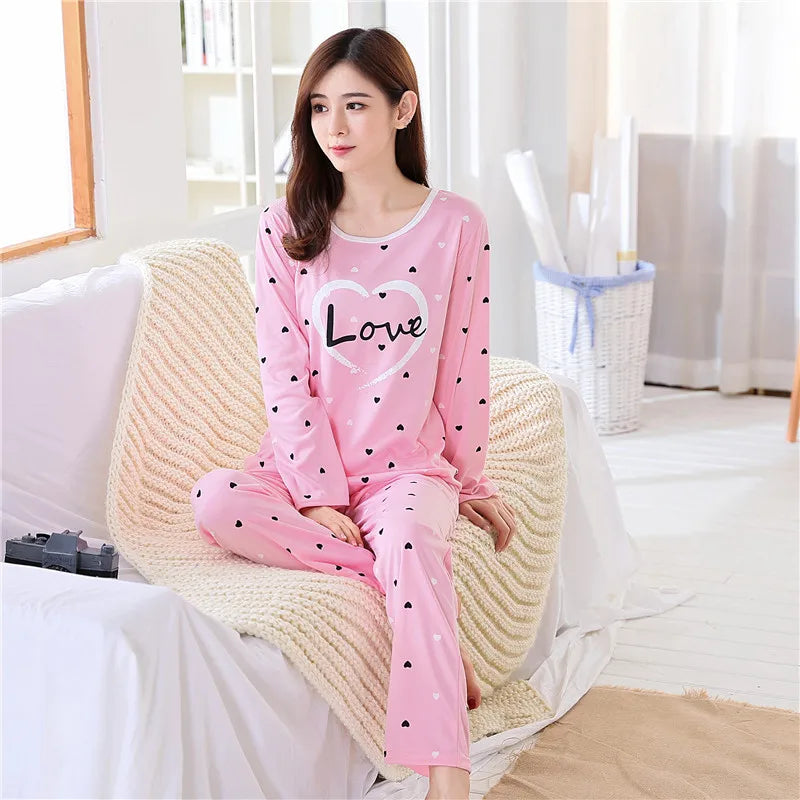 Autumn Thin 2pieces Pyjamas Set Women 2024 Cotton Round Neck Girls Bear Pajamas Sets Teacup Cat Full Sleepwear Tops Pajama Mujer