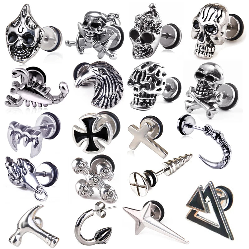 Unisex Women Men Earrings Stainless Steel Piercing Nail Screw Cross Skull Stud Earrings Punk Helix Ear Piercings Fashion Jewelry