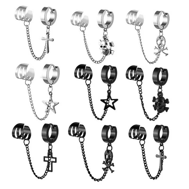 1Pcs Stainless Steel Ear Clip Earrings for Men Women Punk Cross Star Skull Non Piercing Fake Earrings Chain Pendant Hoop Earring