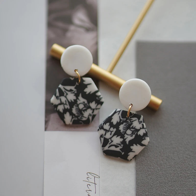 Black White Classic Floral Animal Pattern Elegant Big Multi Size Drop Long Dangle Unique Chandelier Polymer Clay Earrings Sets