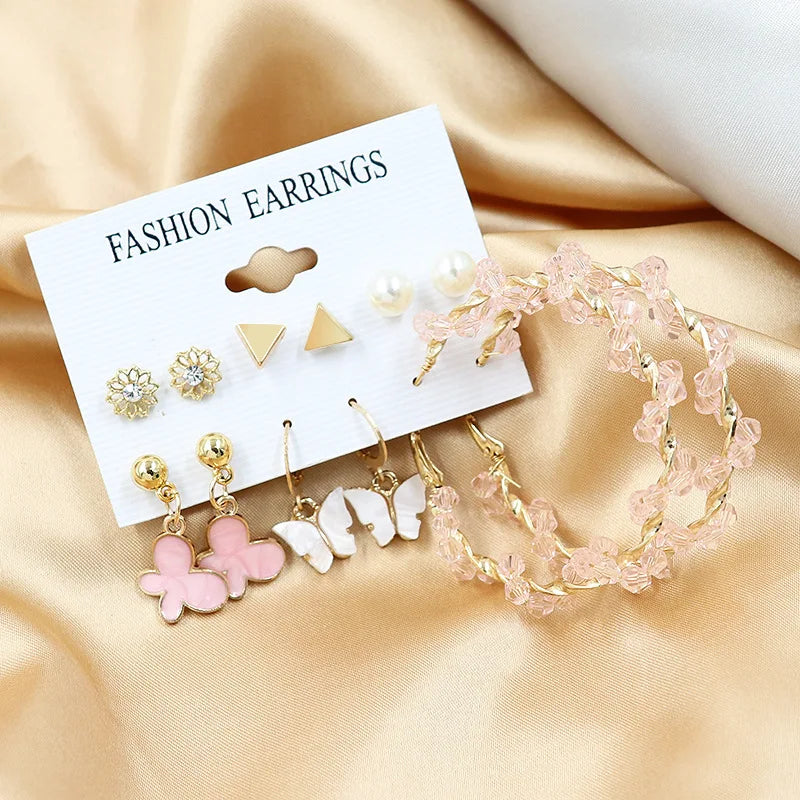 LATS Trendy Gold Color Butterfly Hoop Earrings Set for Women Snake Pearl Resin Hoop Earrings Cute Brincos Party Fashion Jewelry