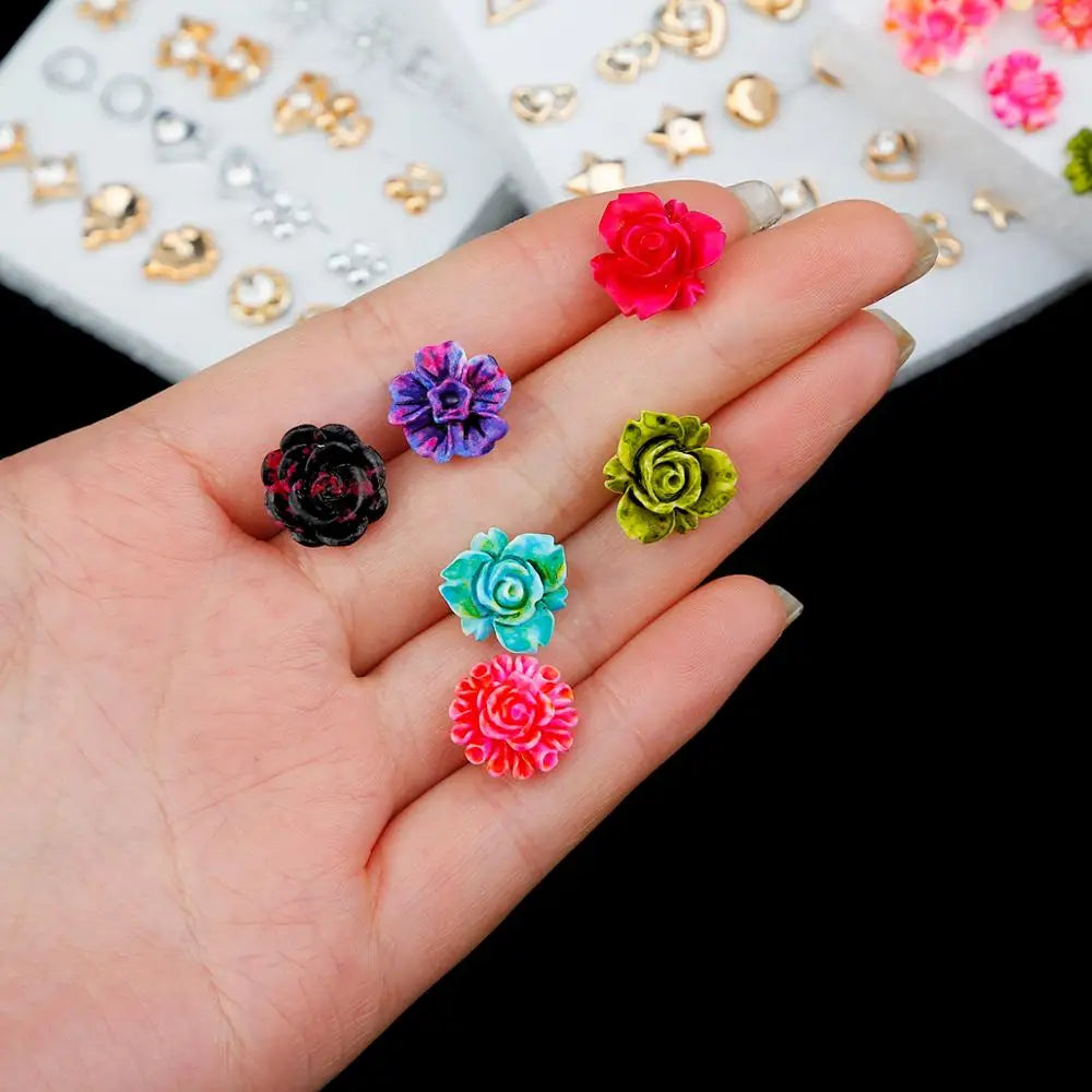 18 pairs Mix Style Gold Silver Color Rhinestone Crystal Flower Stud Earings Set For Women Girls Small Plastic Earrings Brincos