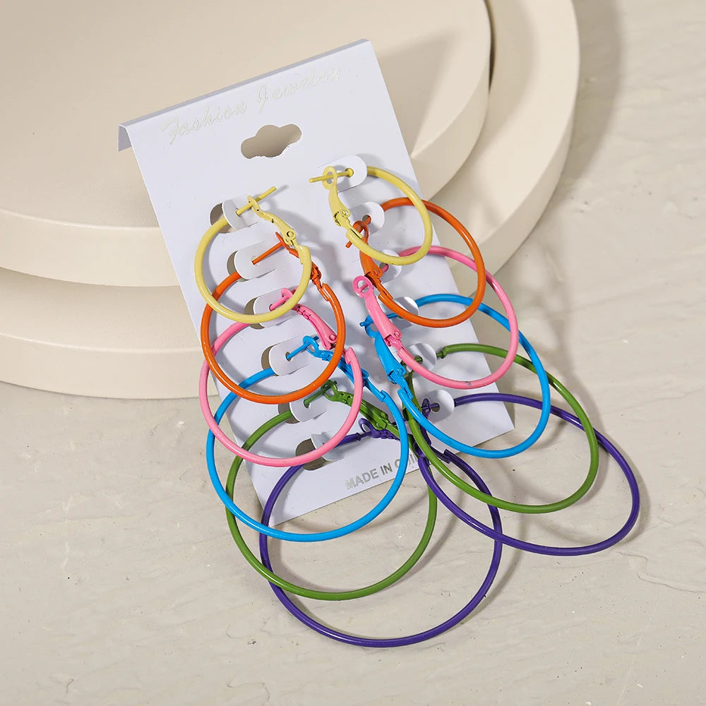 6 Pairs Colorful Hoop Earrings Set Big Circle Earring Fashion Jewelry Earring for Women Girls Steampunk Ear Clip Korean Earrings