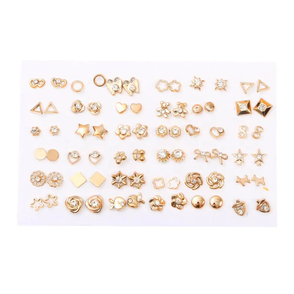 36Pairs/Set Gold Color Earrings Mixed Styles Rhinestone Flower Geometric Heart Star Plastic Stud Earrings Set For Women Jewelry