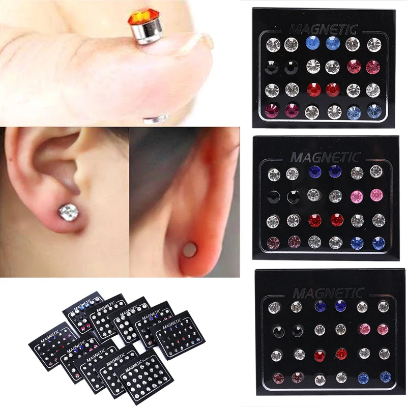 24Pcs/Set Unisex Stainless Steel Round Magnetic Non-Piercing Clip On Stud Earrings 3mm Crystal Round Ear Stud