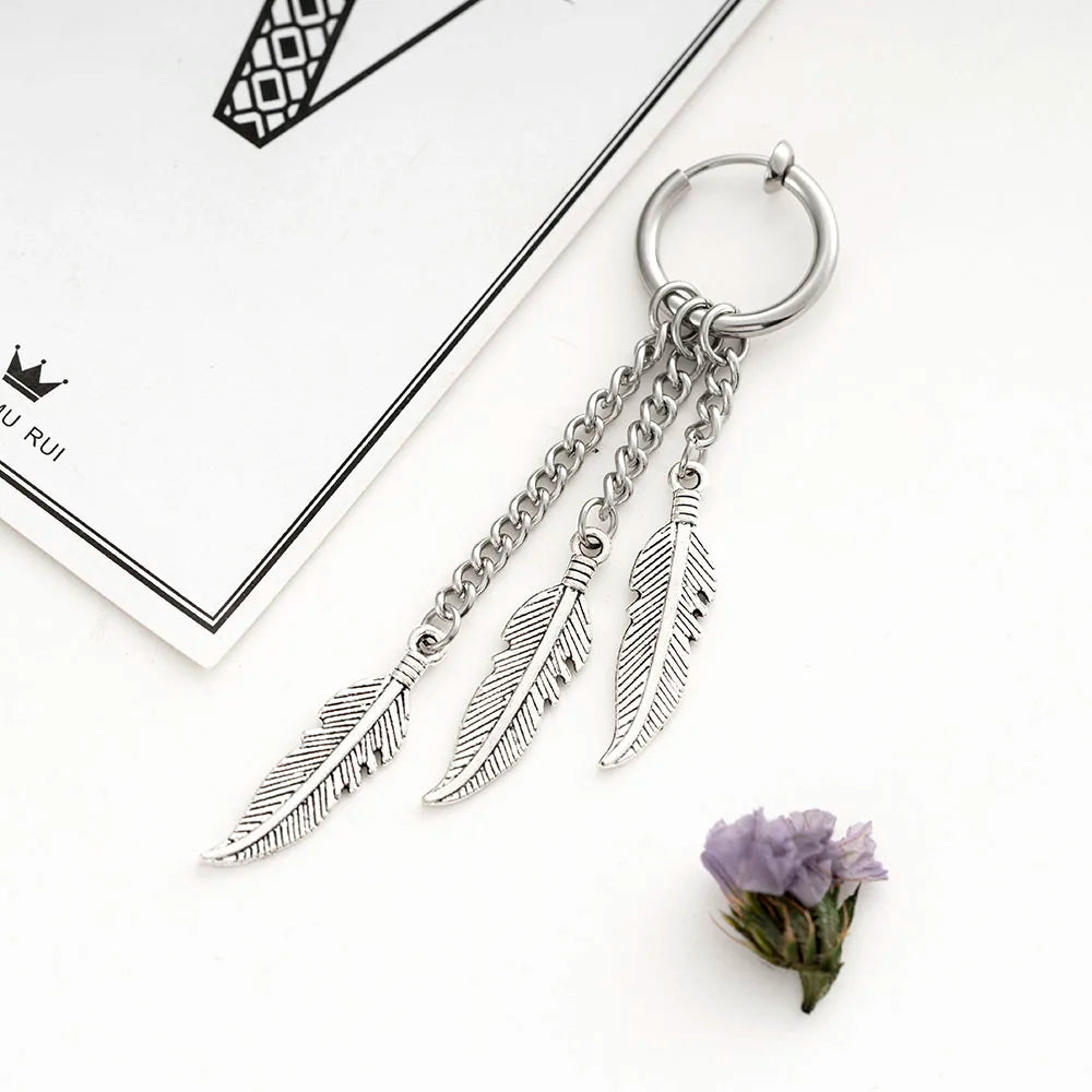 Men Punk Stainless Steel Stud Earring Earrings Feather Tassel Long Chain Pendant Unisex Trend Rock Hipster Ear Clip Woman Gift