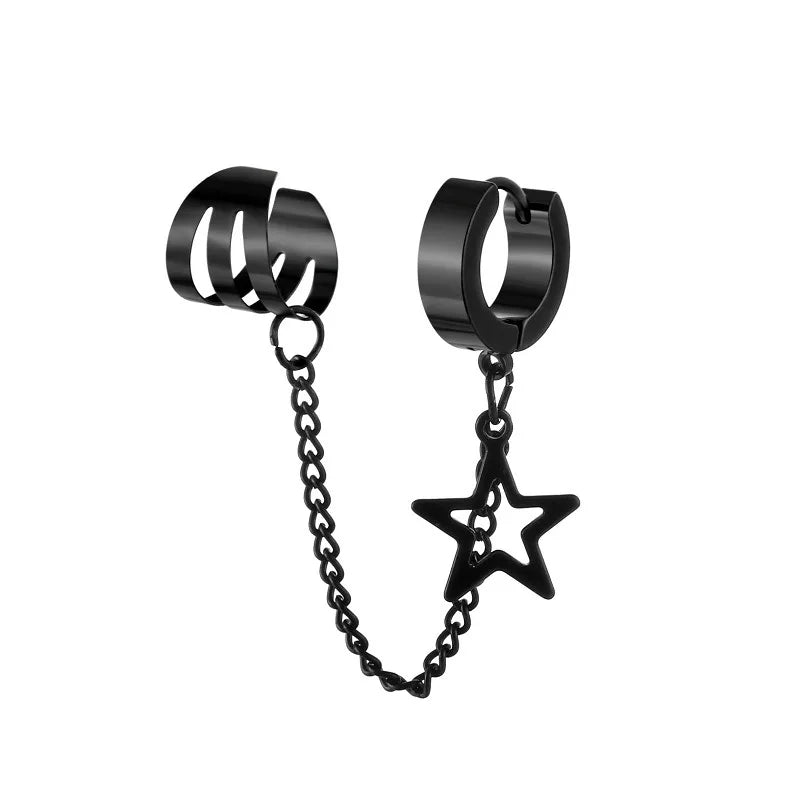 1Pcs Stainless Steel Ear Clip Earrings for Men Women Punk Cross Star Skull Non Piercing Fake Earrings Chain Pendant Hoop Earring