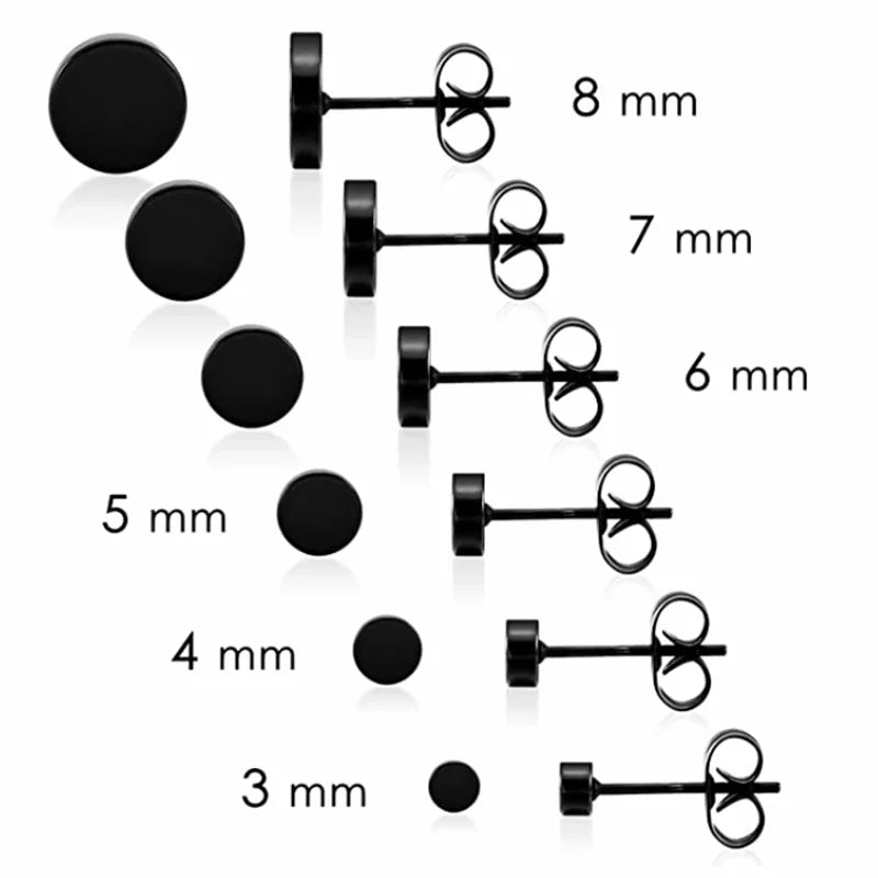 1Pair Stainless Steel Round Black Ear Studs Men 2-12Mm Punk Stud Earring For Men Push Back Stud Earring For Women Men Jewelry